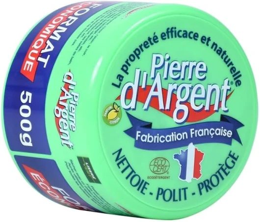 Liseré Vert Nouvelle formule Pierre d'Argent format économique 500g éponge incluse, nettoyant ménager certifié ECOCERT fabriqué en France