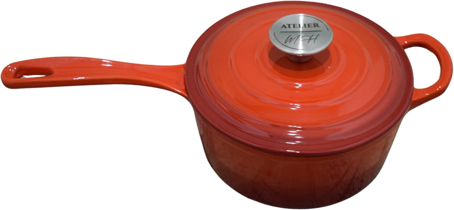 Poêle en Fonte Émaillée avec Couvercle, Rouge, Intérieur Blanc