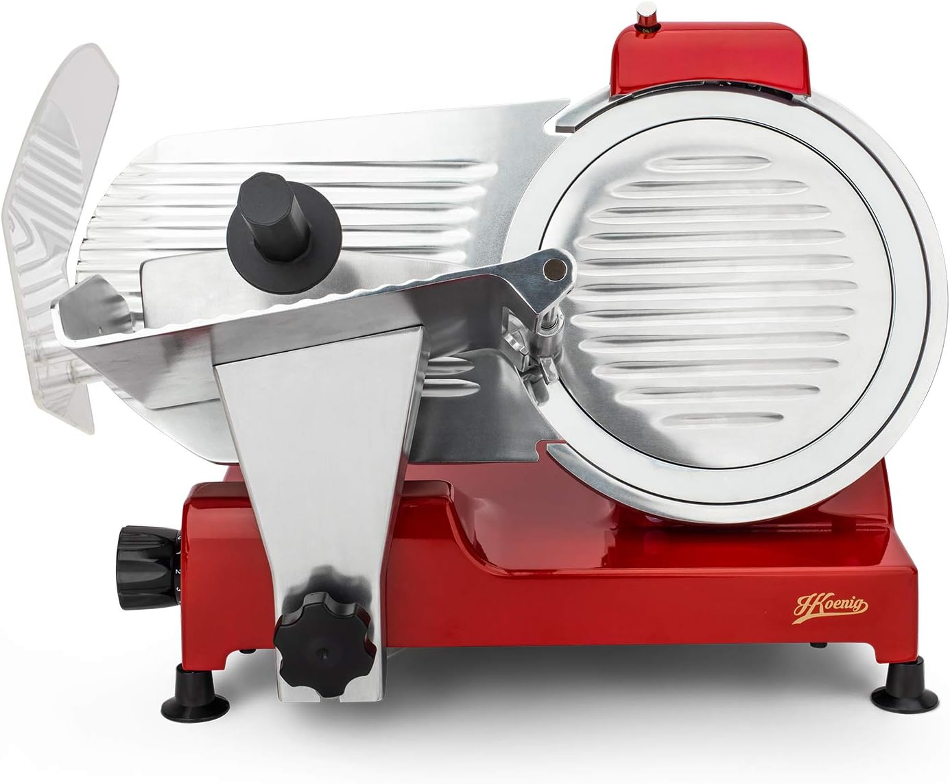 H.Koenig Trancheuse électrique à viande MSX254, charcuterie, professionnelle, précise,coupe 0-12 mm,lame 25 cm,aiguiseur intégré,large plateau,282 rpm, Rouge 250 mm Rouge