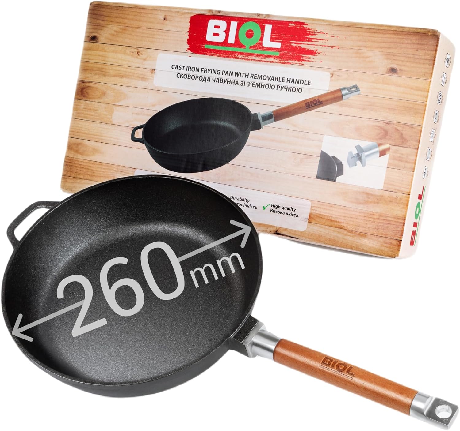 BIOL Poêle profonde en fonte avec manche en bois amovible de 28 cm pour induction, haute qualité, poêle universelle, rôtir, mijoter, cuisson facile 26 cm Sans bec verseur, hauteur 58/66 mm