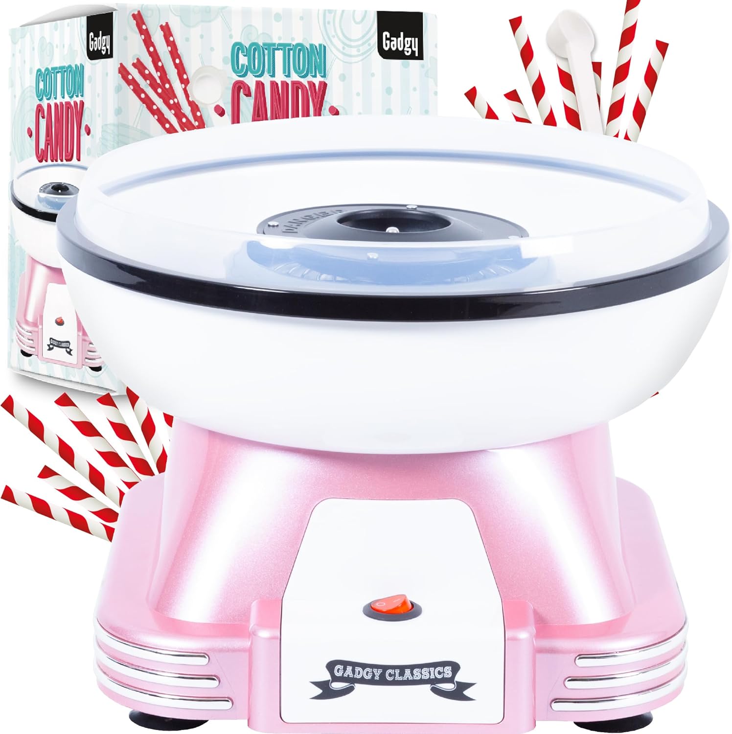 Machine Barbe à Papa Maison, Cotton Candy Rétro pour Sucre ou Bonbons Candy Floss, idéal pendant Fêtes d'Anniversaires, incl - 10 Baguettes Barbapapa et Cuillère a Mesurer, Rose