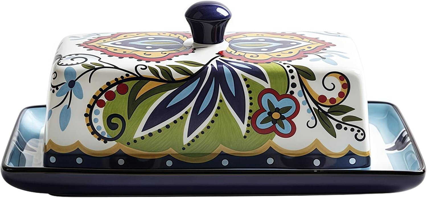 Beurrier avec couvercle pour comptoir, support à beurre en céramique à motif floral A s