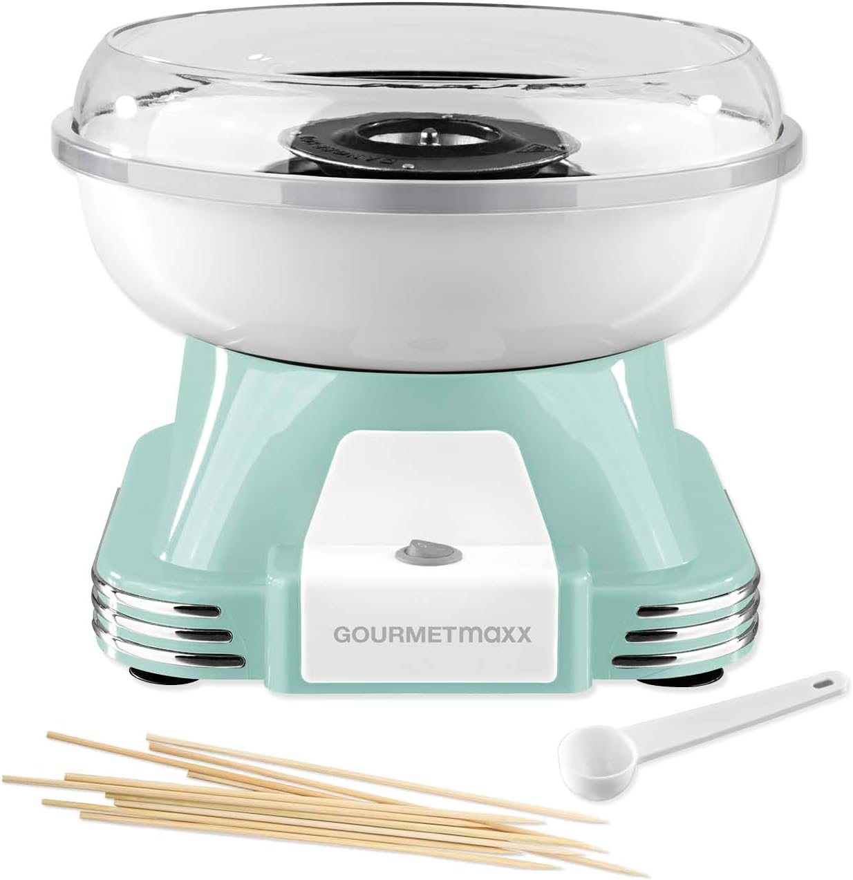 GOURMETmaxx Machine à barbe à papa pour la maison - L'original avec 10 bâtonnets & cuillère doseuse au design rétro nostalgique - Barbe a papa pour les fêtes d'enfants, les anniversaires [Menthe] Vert