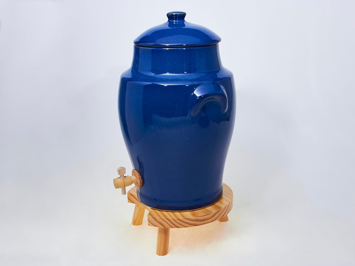 Vinaigrier en Grès Bleu 4L Poterie Artisanale Support en Bois pour la Macération à la Maison