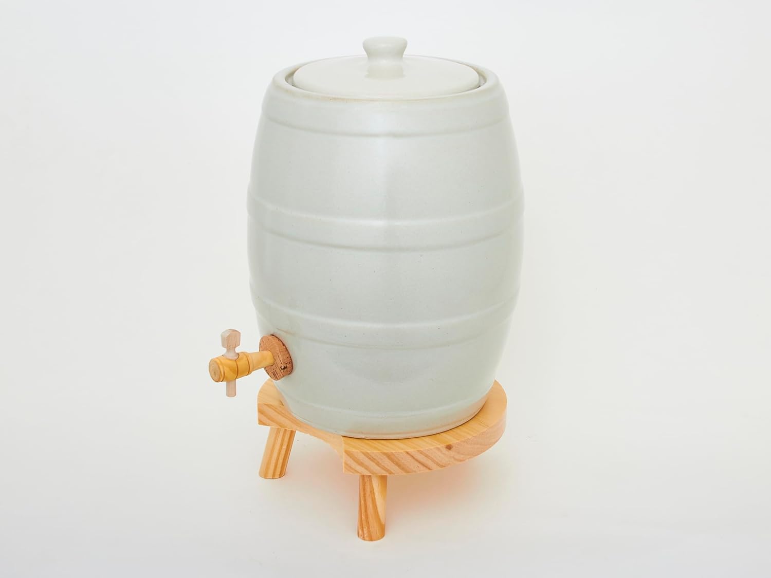 Vinaigrier en Grès Modèle de Baril 5L Poterie Artisanale Support en Bois pour la Macération à la Maison