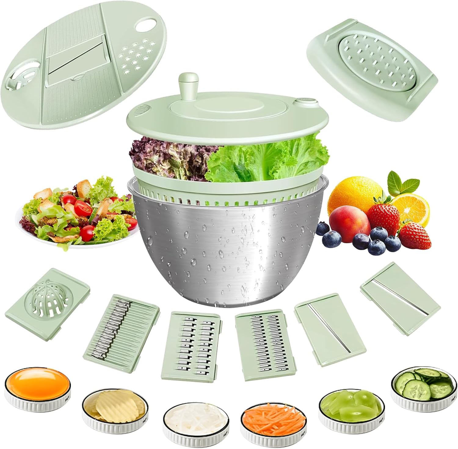 Souvik Essoreuse à Salade 5L en Acier Inoxydable – Grande Capacité, Manivelle avec Bouton d'Arrêt, Panier à Salade avec Couvercle et Base Antidérapante, Sans BPA, Compatible Lave-Vaisselle