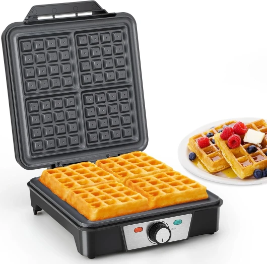 Gaufrier, Machine à Gaufre pour 4 Gaufres, 1200W Chaleur Rapide et Stable, Machine Gaufre avec Revêtement Antiadhésif des Plaques Chauffantes, Réglage Continu de la Température Noir