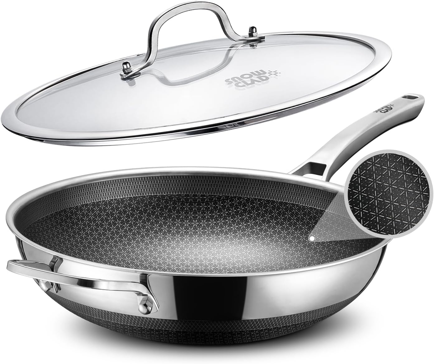 SNOWCLAD wok 32 cm, hybride et poêle à frire, antiadhésif nid d’abeille avec couvercle, acier inoxydable, pour induction et tous feux, four et lave-vaisselle, sans PFOA