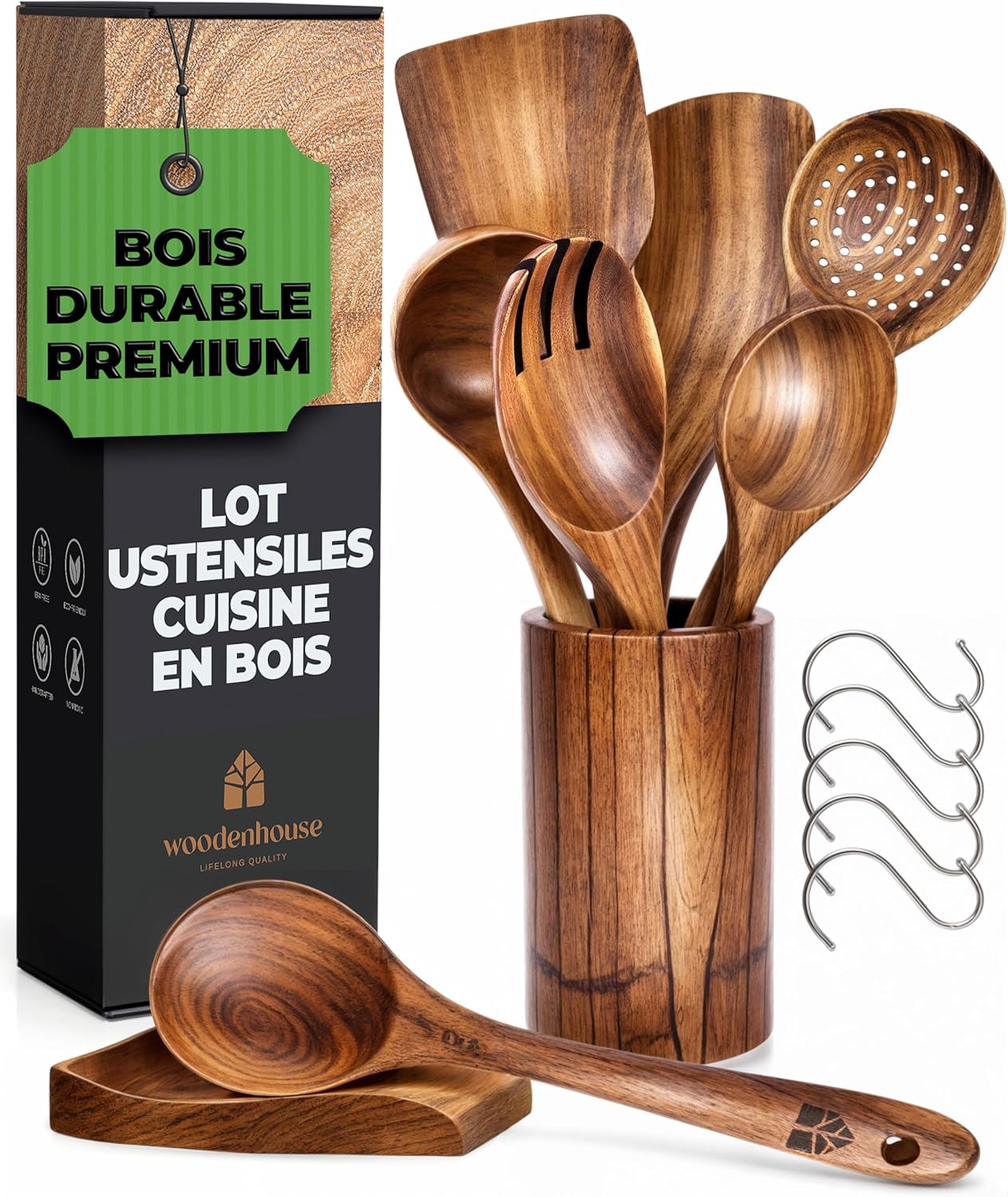 Ustensiles en Bois de Teck avec Support et Repose Cuillère - Cuillères et Spatule pour la Cuisine - Naturels et Sains Antiadhésifs - Ensemble 13 Pièces Lot de 8 Pièces