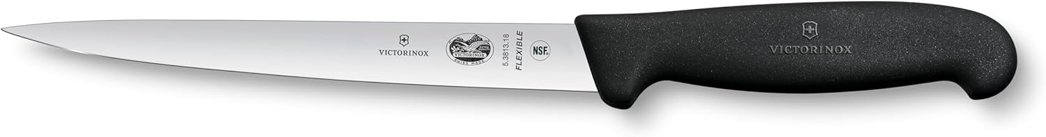 Fibrox Couteau à fileter, Couteau de cuisine tranchant pour viande et poisson, 18 cm, Lame lisse, Flexible, Inox, Noir Nouvel emballage