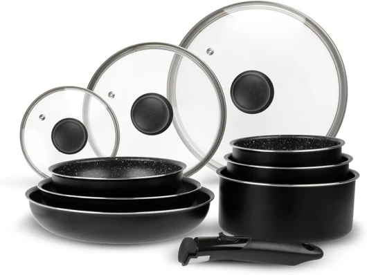 713499 Batterie de Cuisine Aluminium 10 Pièces : 3 Poêles Ø20,24,28 cm + 3 Casseroles Ø16,18,20 cm + 3 Couvercles Verre Ø16,20,24 cm + manche amovible, Tous feux dont induction Batterie de Cuisine 10 Pièces Revêtement Effet Pierre