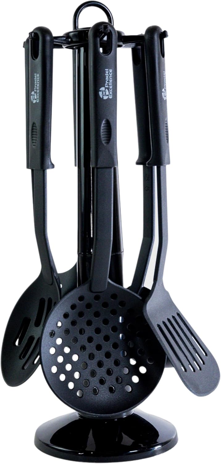 PUST003009 - Ensemble 6 Ustensiles de Cuisine - Nylon Noir - Manches Polypropylène - Support Rotatif - Cuillère à Sauce, Louche, Pelle, Écumoire, Cuillère à Spaghetti