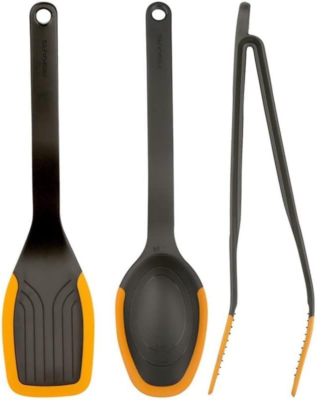 Kit Cuisine, 3 Ustensiles de Cuisine, Functional Form, Pince Multi-Usages, 29 cm, Cuillère de Cuisine 29 cm, Spatule 29 cm, Plastique/Silicone, Noir/Orange, 1027306 Set d'ustensiles de cuisine