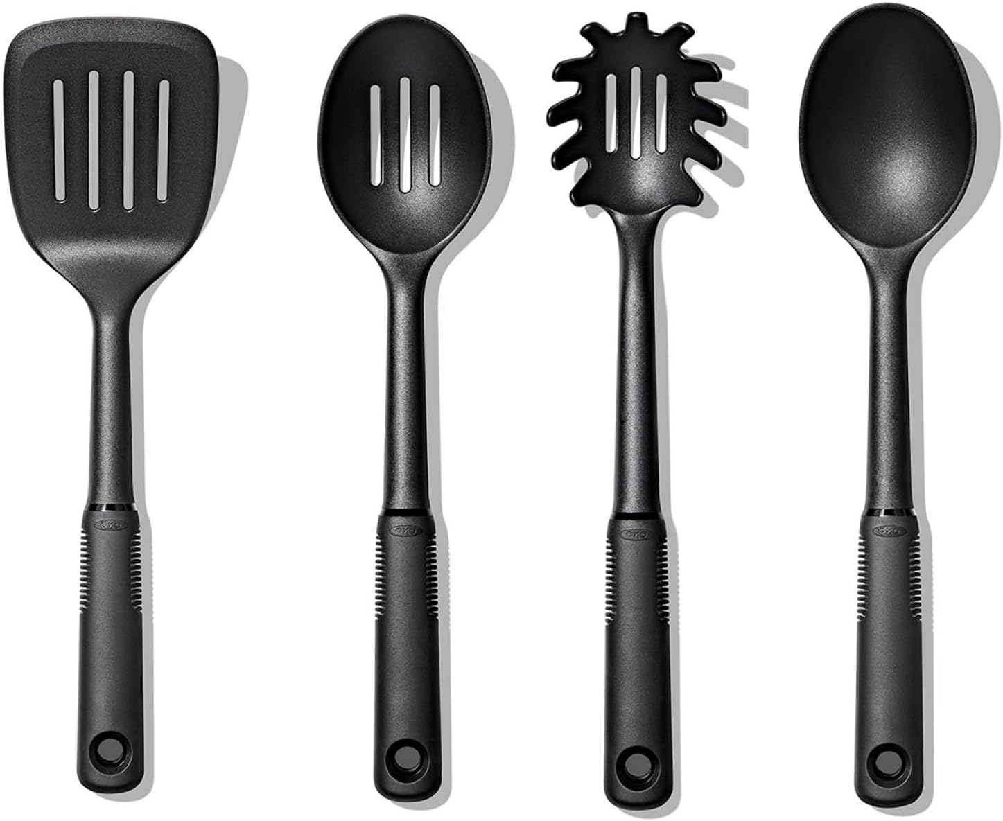 Good Grips Set d’Outils en Nylon 4 pièces - Ensemble d’Ustensiles de Cuisine avec Cuillère, Cuillère à Fente, Spatule Carrée et Cuillère à Spaghetti - Antiadhésifs & Résistant à la Chaleur