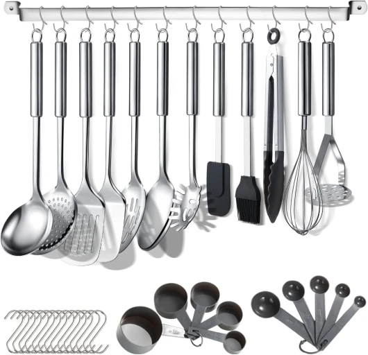 Ensemble d'ustensiles de cuisine 38 pièces de cuisine en acier inoxydable, ustensiles de cuisine avec support pour ustensiles et crochets pour accrocher au lave-vaisselle 1 - Argent