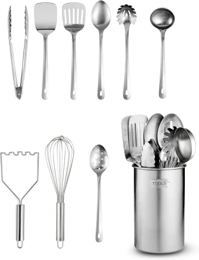 Ensemble d'ustensiles de cuisine en acier inoxydable – 10 pièces de qualité supérieure antiadhésifs et résistants à la chaleur, spatule, cuillère à spaghetti, louche, cuillères de service, fouet,