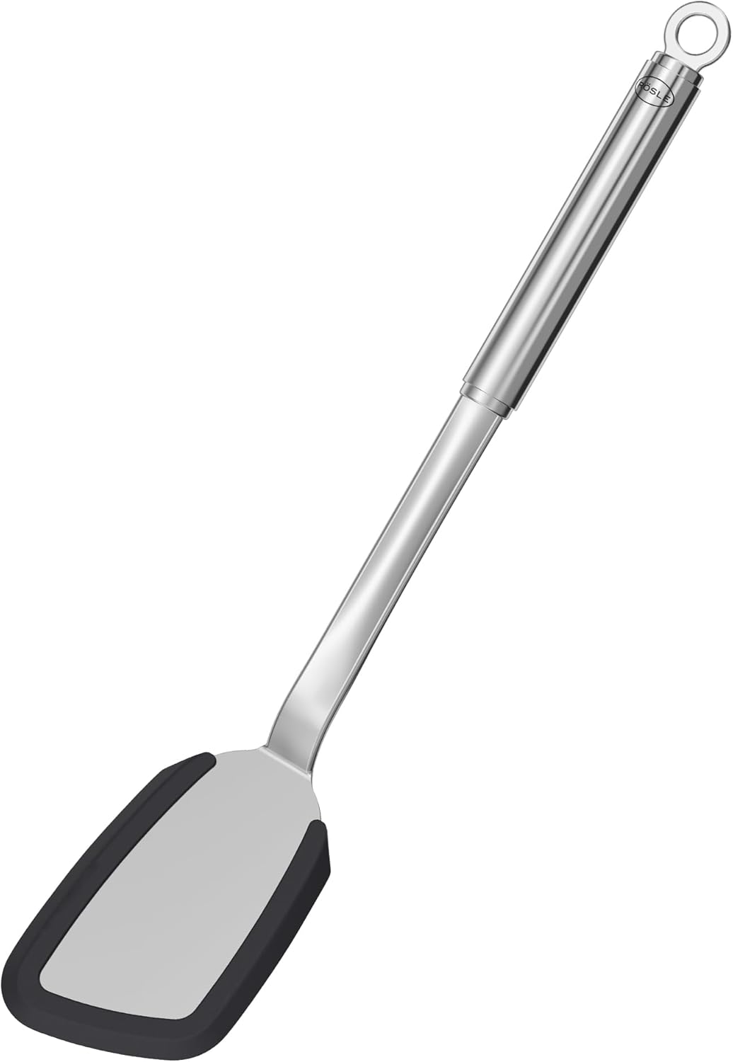 Spatule Siliconée, Pelle Haut de Gamme pour Poêle, avec Bord en Silicone et Manche Rond, Acier Inoxydable 18/10, Passe au Lave-Vaisselle, Argenté/Noir Spatule angulée