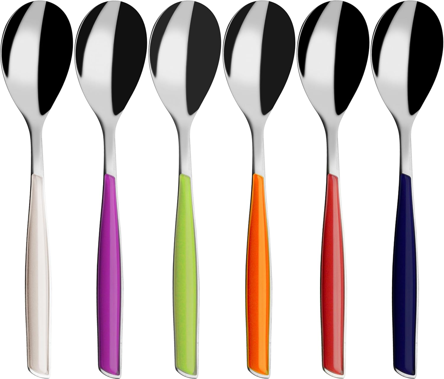 , Glamour, Lot de 6 cuillères à café en Acier Inoxydable 18/10 et poignées de Couleurs mélangées: Ivoire, Bleu, Iris, Vert, Orange, Rouge, Moulage Pro-Tech System
