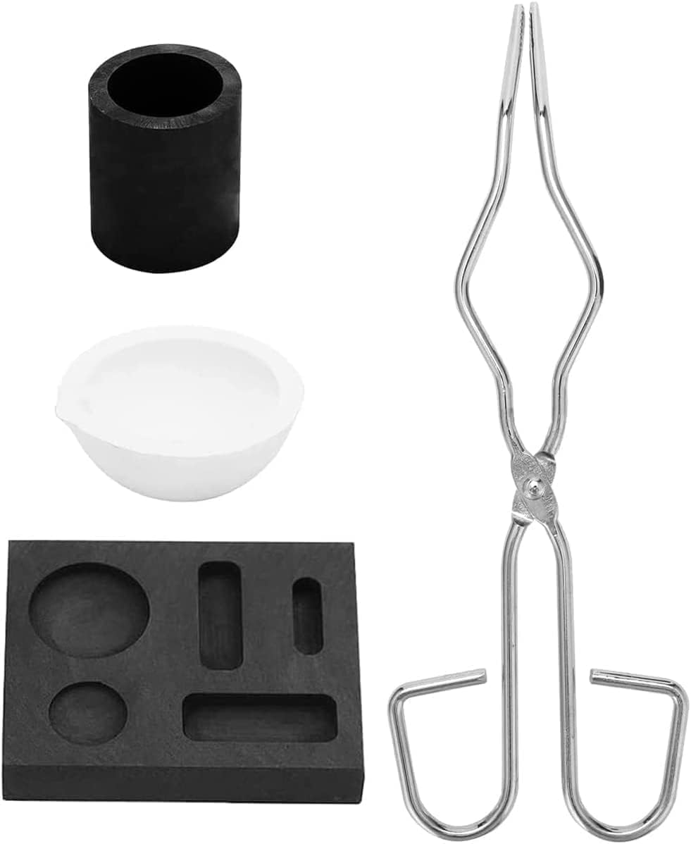 Kit de Creuset Fonderie, 4 Pièces Graphite Creuset Kit, Haute Pureté Graphite Creuset Tong Bol Combo Lingotière ensemble, Creuset + Pince + Cuvette + Moule Combiné, pour Fonte Or, Argent