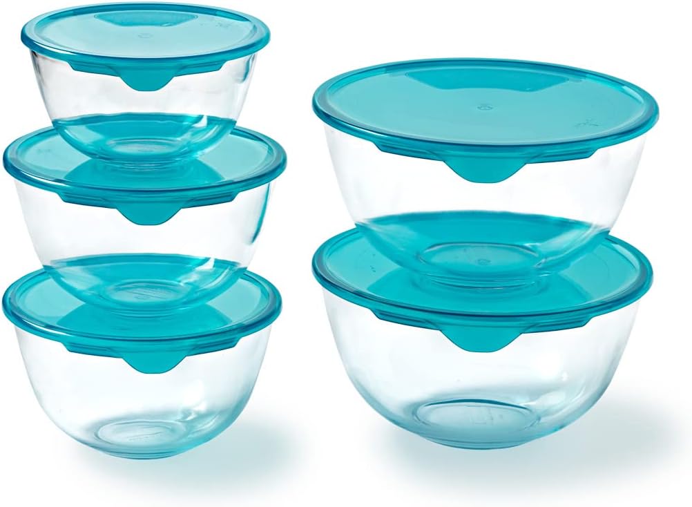 Lot de 5 Bols/Saladiers avec Couvercles - 1x0,5L + 2x1L + 2x2L - Verre Borosilicate - Extrême Résistance - Compatible Lave-Vaisselle - Made in France 1x0,5L + 2x1L + 2 x 2L