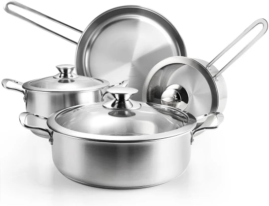 Wodillo Batterie de Cuisine en Acier Inoxydable à 3 Couches, 7 pièces, Poêle à Frire, Casserole et Marmite avec Couvercle en Verre, Casseroles Adapté à la Tous Feux Dont Induction (Argent)