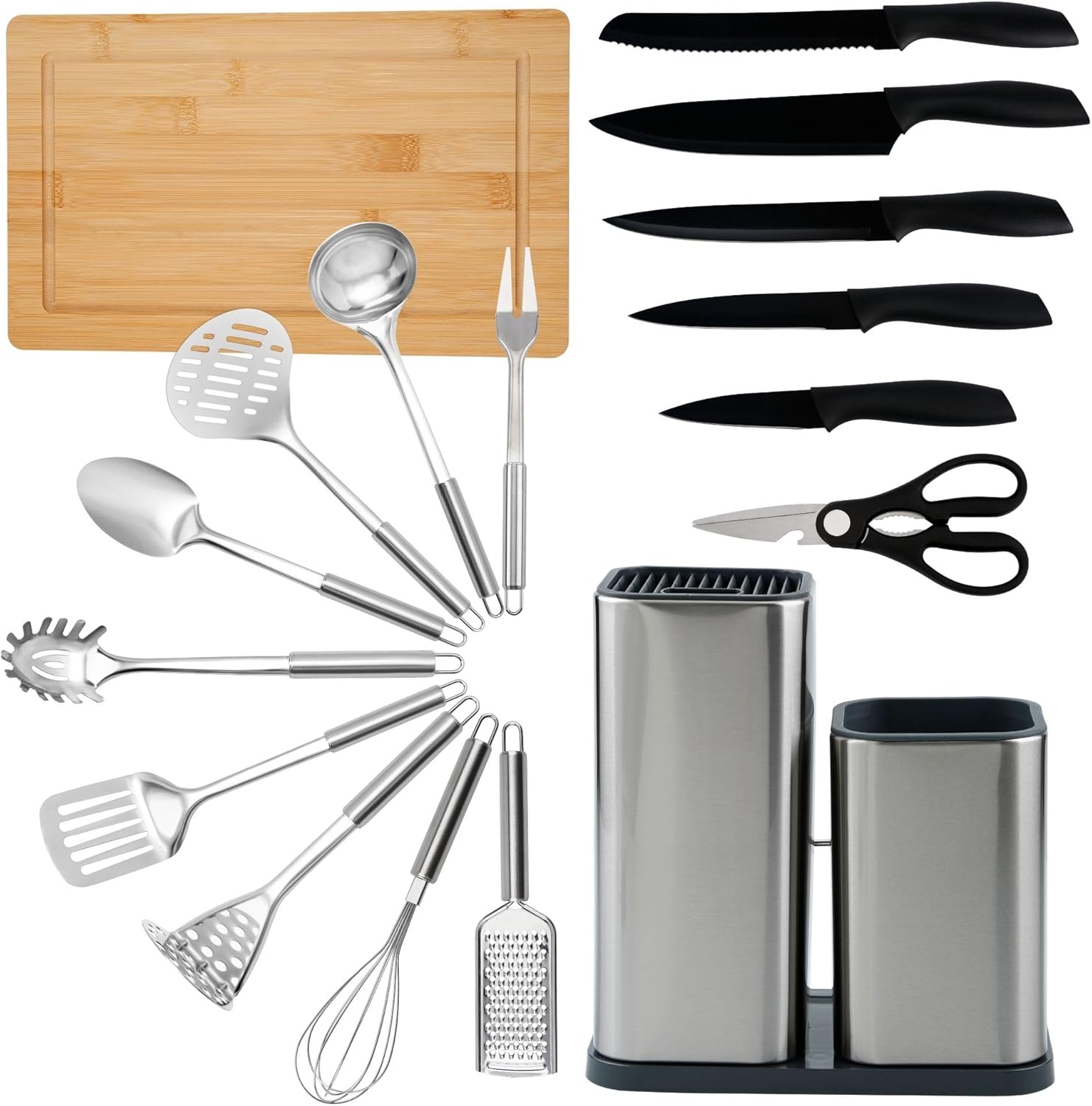 Kit complet de couteaux et ustensiles de cuisine de 17 pièces en acier inoxydable (couteaux de cuisine, set ustensile cuisine, bloc à Couteaux et planche à découper inclus) - Accessoires de Cuisine