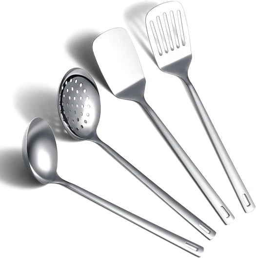 ReaNea Ensemble d’ustensiles de cuisine en acier inoxydable 4 pièces comprend un ensemble de spatules en métal, une écumoire de cuisine, une louche à soupe, des gadgets de cuisine