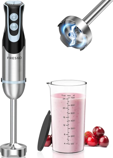 Mixeur plongeant 1000 W avec 12 niveaux de vitesse, bouton turbo, gobelet de 700 ml avec couvercle, en acier inoxydable, pour sauce, nourriture pour bébé et soupe Mixeur + Verre Doseur