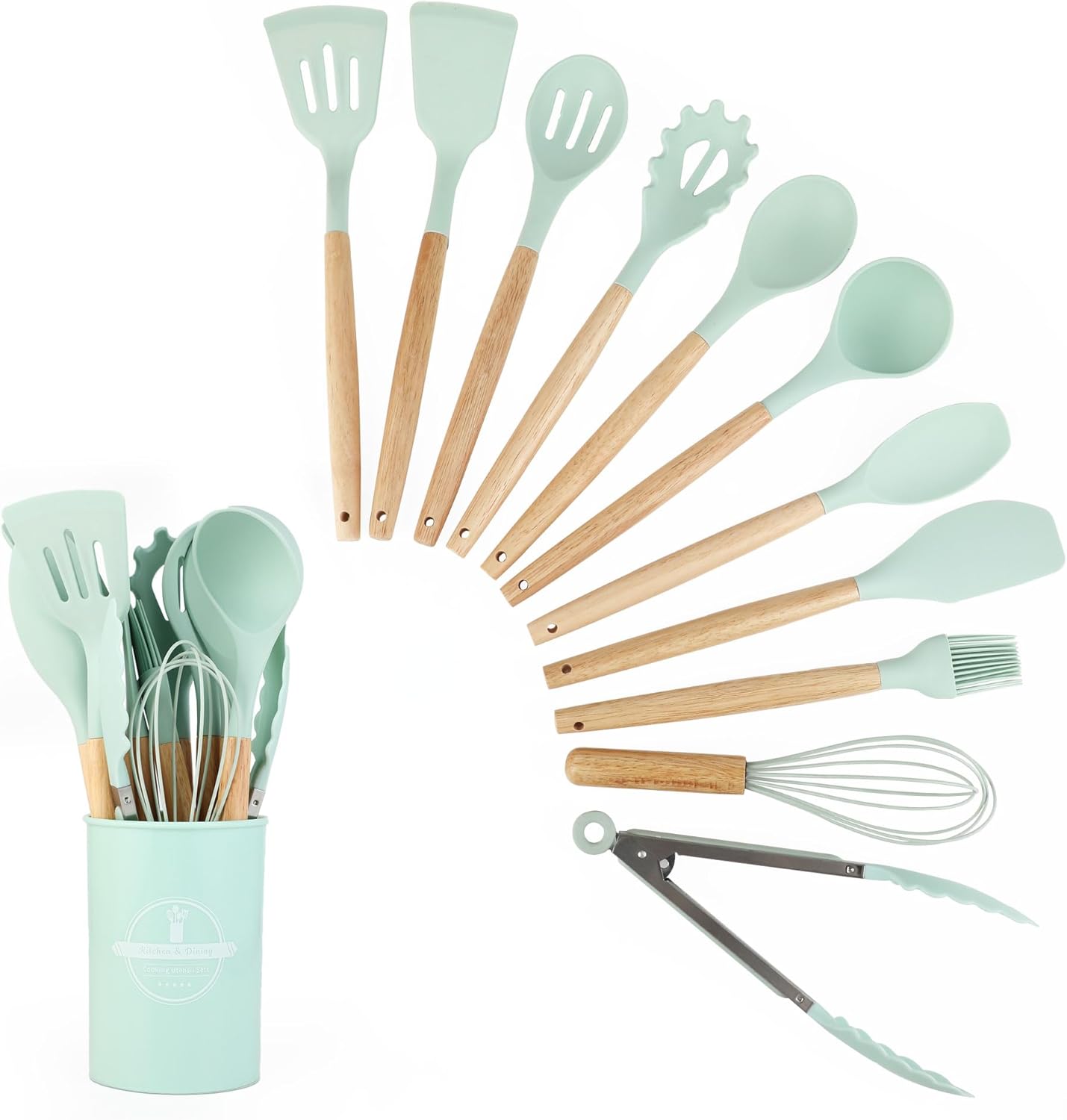 Wenrescry Lot de 12 ustensiles de cuisine en silicone antiadhésifs de qualité alimentaire Vert algue