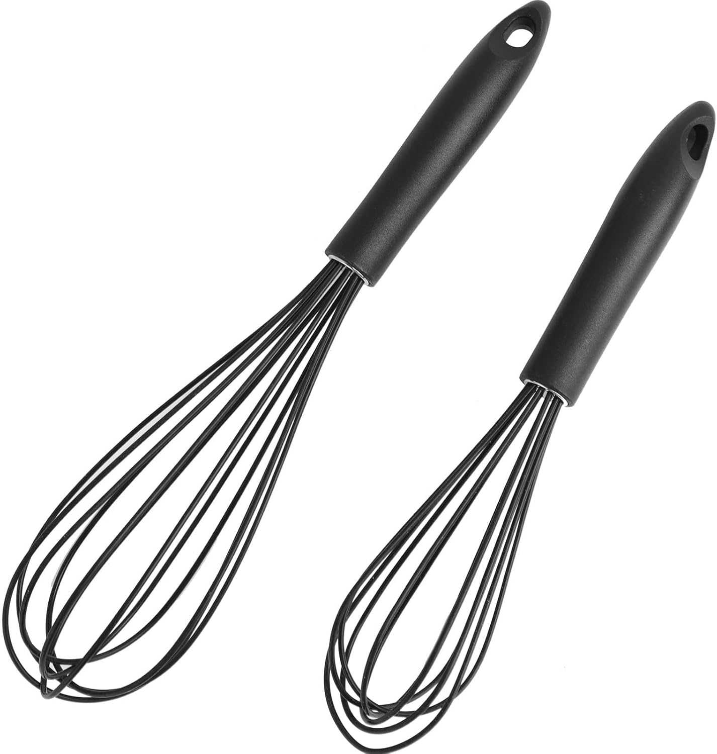 2 Pièces Fouets de Cuisine en Silicone Noir - Fouets à Ballon pour Mélanger, Fouetter, Battre, Mousser, Manche Antidérapant, Résistant à la Chaleur, Tailles 26 cm et 30 cm, Facile à Nettoyer
