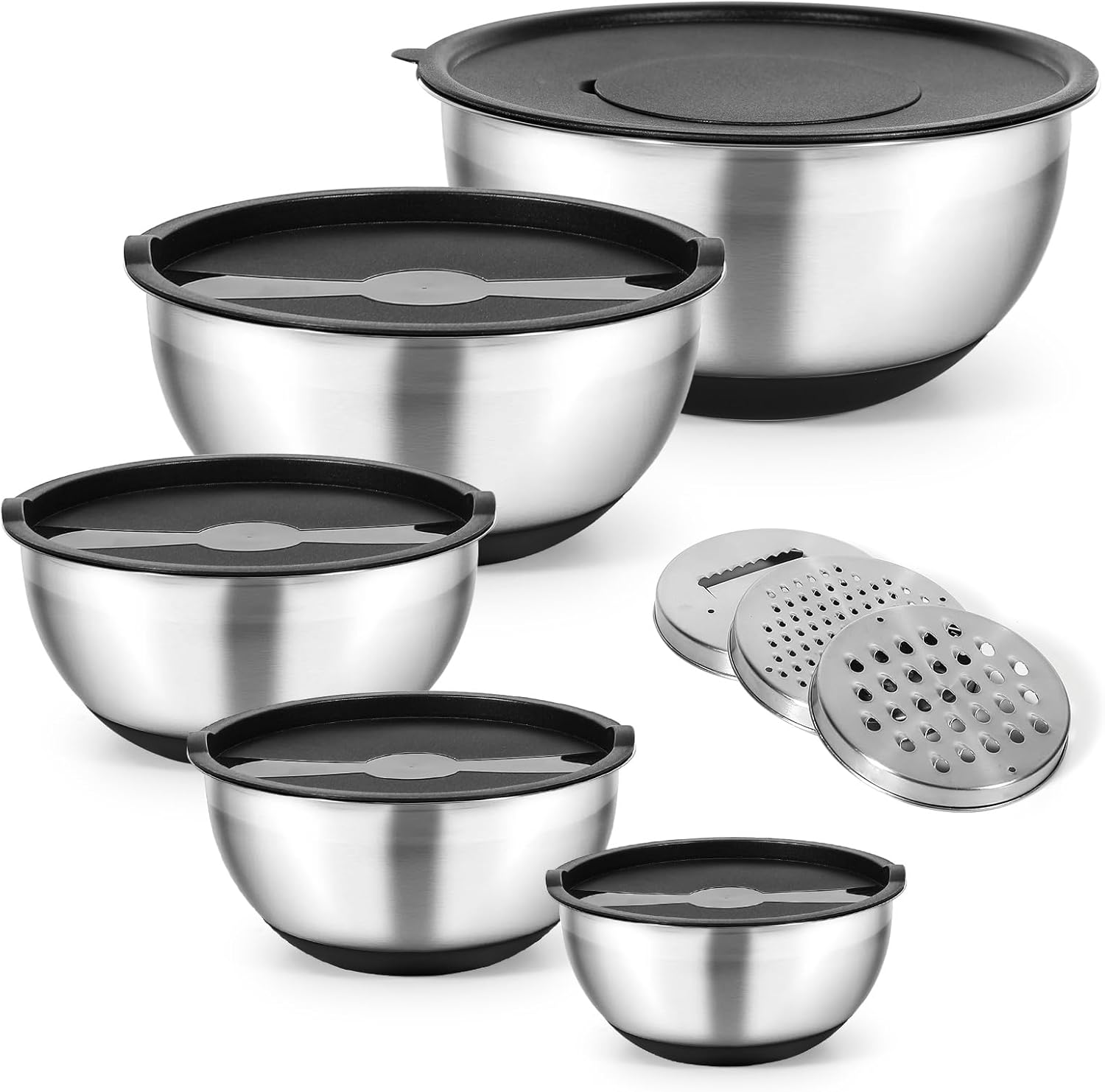 Cinnani Lot de 5 Bols à Mélanger en Acier Inoxydable avec Couvercles, Saladier, Bols de Service, Bol Cuisine Multifonctionnel avec 3 Accessoires de Broyage et Fond Antidérapant en Silicone 5 unité-Avec semelle en silicone