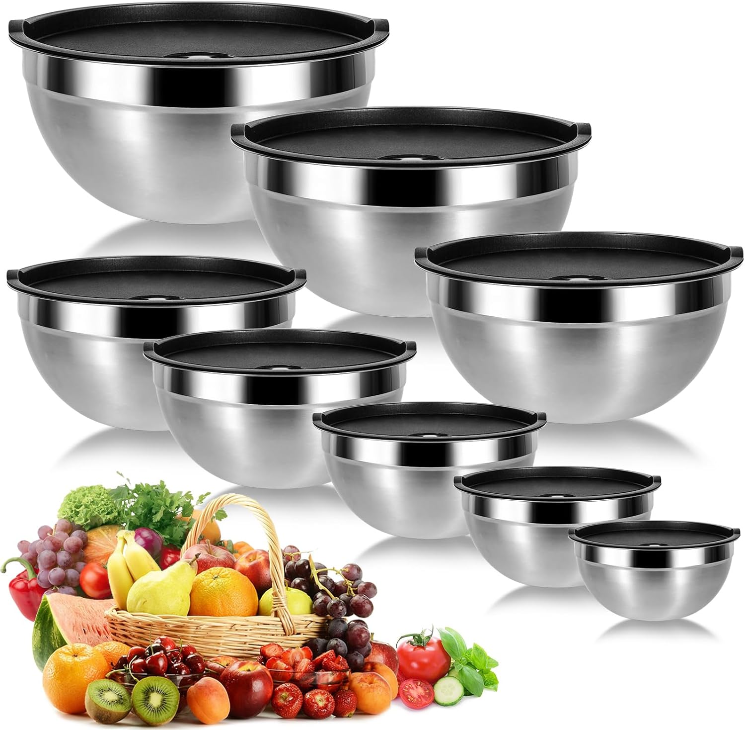 Cinnani 8 Lot de Bol Inox avec Couvercle, Bols mélangeurs, Saladier, Bols de Service, Bol cuisine multifonctionnel 8 unité Couvercle Noir