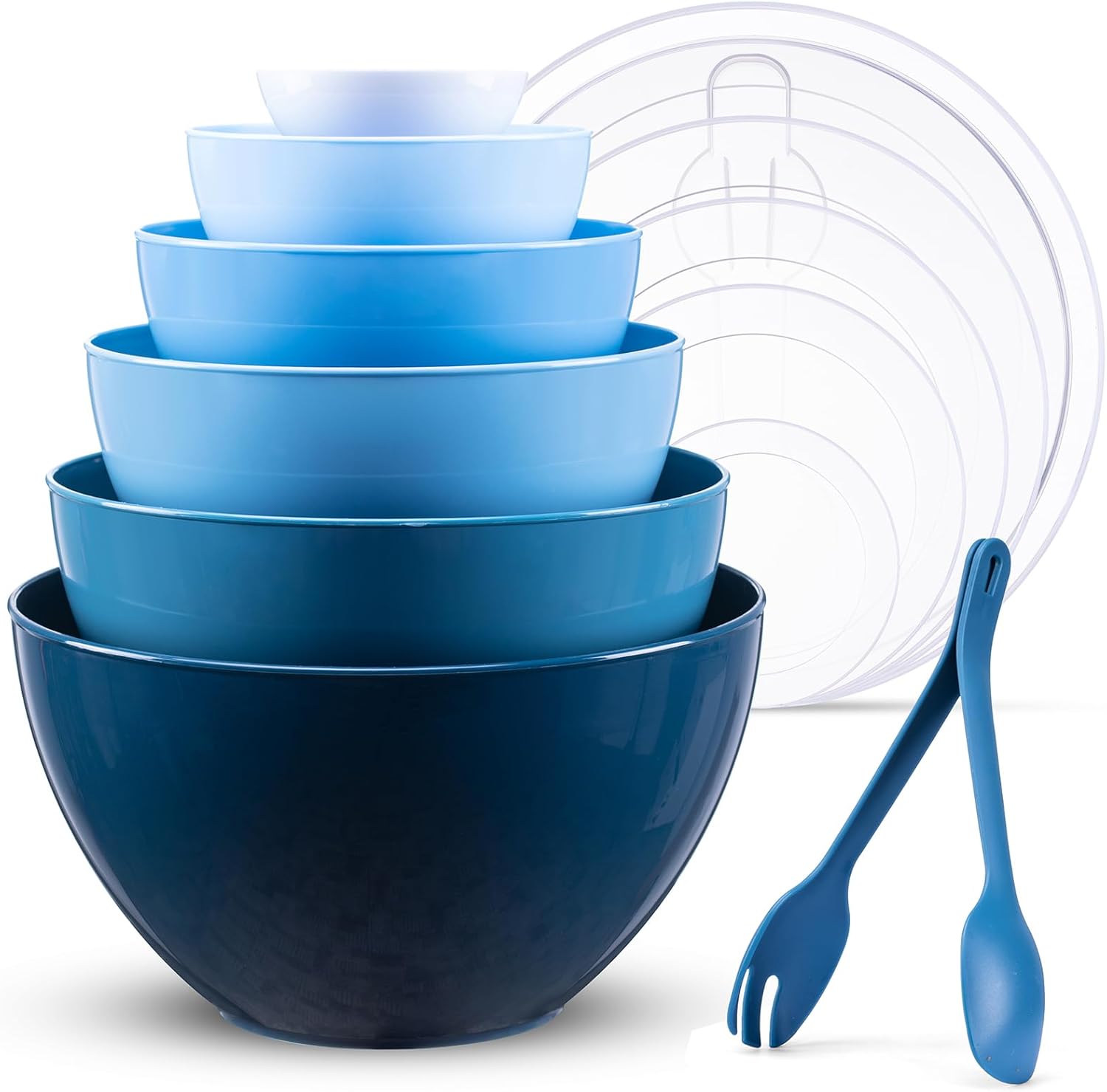 Lot de 6 Bol Mélangeur avec Couvercle 0,2-6,5L, Grand Saladier avec Fourchette et Cuillère Sans BPA Bol Plastique Reutilisable Bol Cuisine Empilable Passent Micro-ondes et Lave-vaisselle, Bleu Bleu Lot de 6 Saladiers