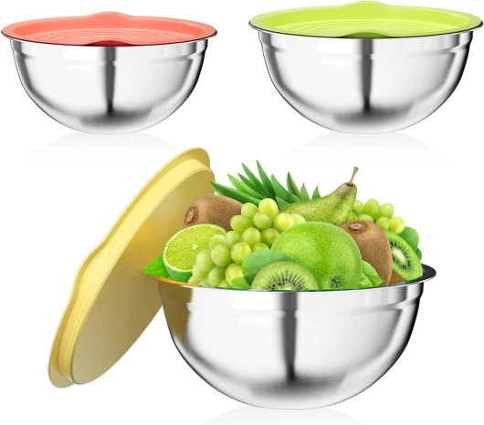 Newpop 3 pièces bols à mélanger, saladier bol à en acier inoxydable avec Coloré couvercle hermétique, 2.5L / 2L / 1.4L empilables et lave-vaisselle, ustensiles de cuisine pour stockage et mélange