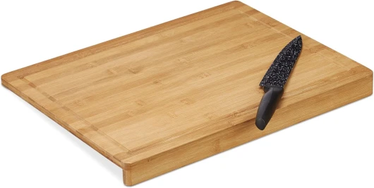 Planche à découper bambou plateau trancher cuisine récupérateur jus rigoles coins rebord 45x35 cm, nature