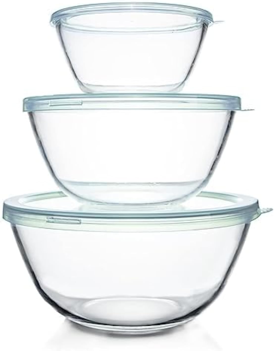Lot de 3 Bols à Mélanger en Verre avec Couvercle (4.2 L, 2.5 L, 1 L), Grands Bols à Salade Ronds pour la Cuisine, Parfaits pour Cuisiner, Cuire, Servir, Préparer, passent au Lave-vaisselle 3 pièces
