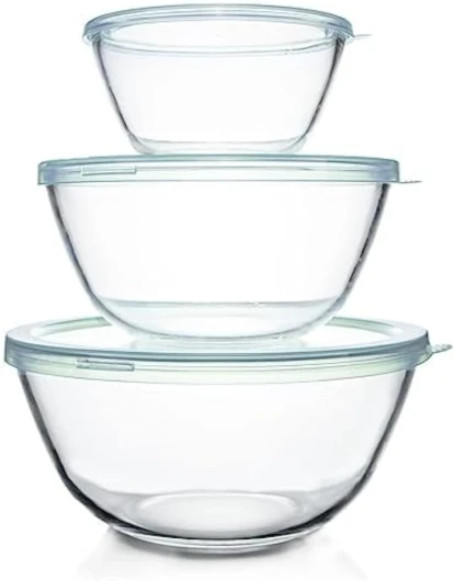Lot de 3 Bols à Mélanger en Verre avec Couvercle (4.2 L, 2.5 L, 1 L), Grands Bols à Salade Ronds pour la Cuisine, Parfaits pour Cuisiner, Cuire, Servir, Préparer, passent au Lave-vaisselle 3 pièces