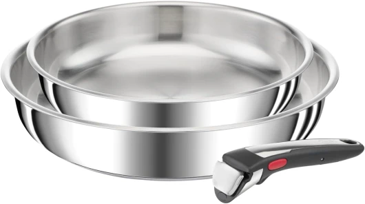 Ingenio Preference On Lot de 2 Poêles 24/28 cm + poignée amovible, Induction, Acier inoxydable, Empilable, Compatible lave-vaisselle, Fabriqué en France L9759002