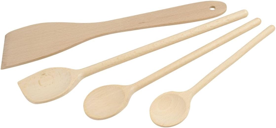 31125 Set de 4 ustensiles de cuisine en bois, Lot de spatules et cuillères de cuisine en bois, Bois certifié FSC, 20cm, 25cm, 30cm, Brun