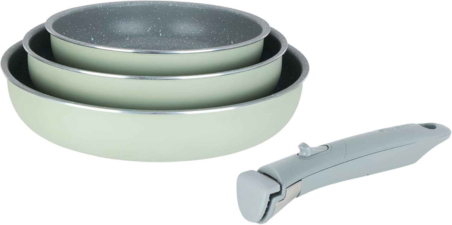 716940 Lot de 3 Poêles en Aluminium gamme FAMILY Ø 20,24,28 cm - Revêtement Antiadhésif Sain en Céramique effet pierre - Coloris vert - manche amovible SITRAMOVIBLE - Tous feux dont Induction