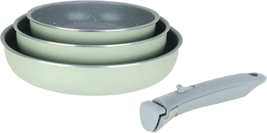 716940 Lot de 3 Poêles en Aluminium gamme FAMILY Ø 20,24,28 cm - Revêtement Antiadhésif Sain en Céramique effet pierre - Coloris vert - manche amovible SITRAMOVIBLE - Tous feux dont Induction