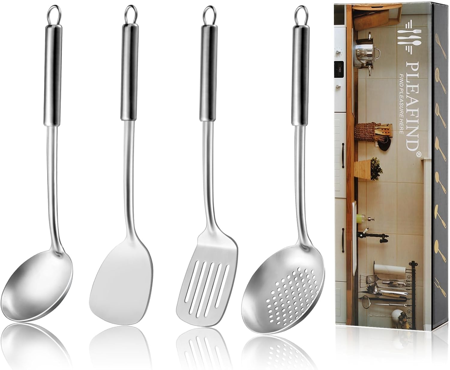 Ustensiles de Cuisine, 4 Pièces Ustensiles de Cuisine en Acier Inoxydable, Cooking Utensils avec Louche, Écumoire, Spatule, retourneur à fentes, Passe au Lave-vaisselle