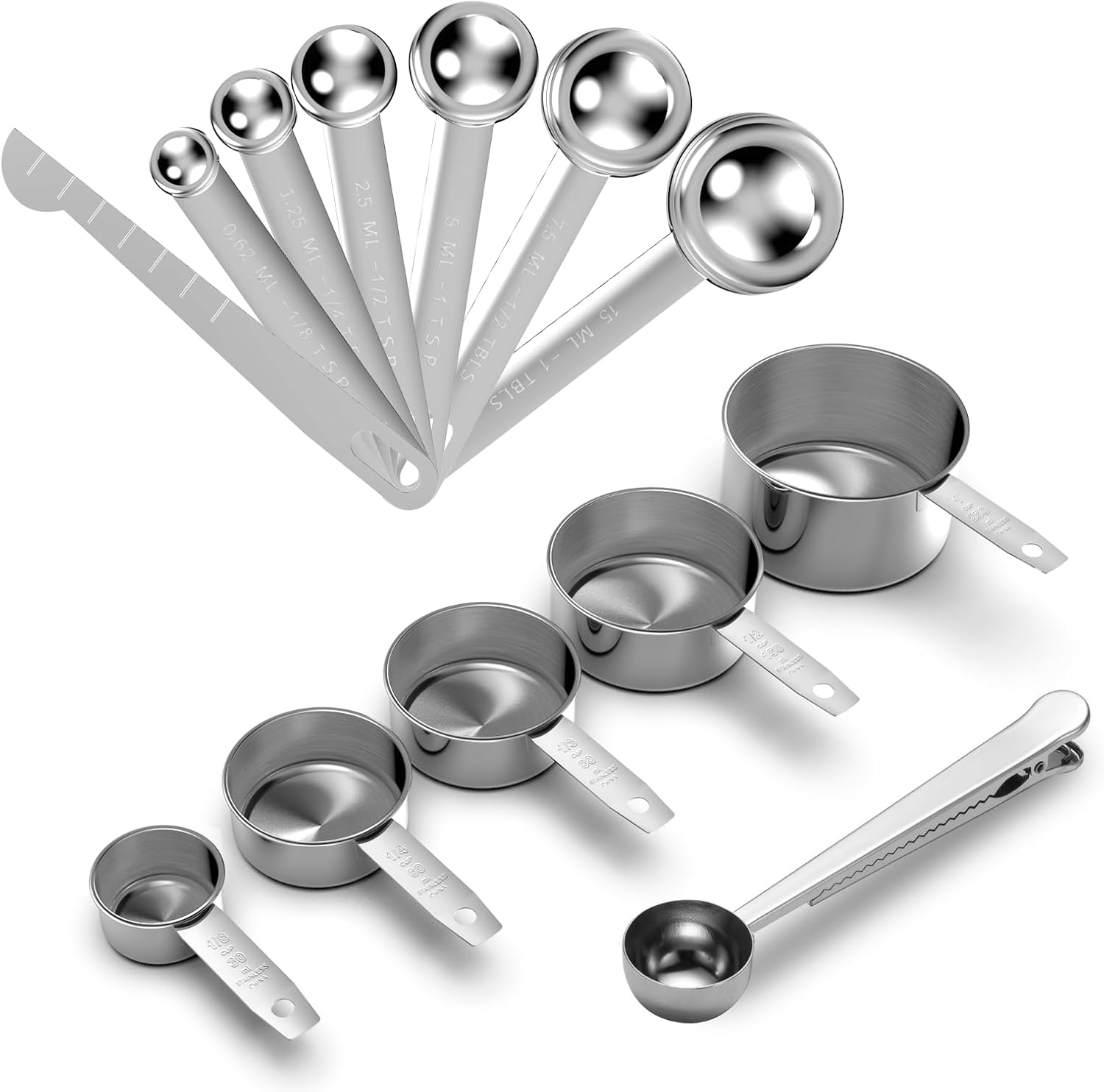 FERRGIA 13PCS Cuillères et Tasses à Mesurer en Acier Inoxydable,5 Tasses,6 Cuillères Doseuses,Scoop avec Clip,Règle de Mesure–Doseurs Cuisine pour Ingrédients Secs et Liquides,Measuring Cups Set