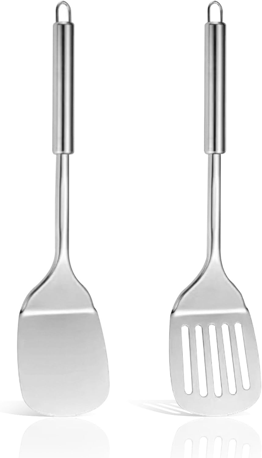 Sudnsadaks 2 Pcs Spatule Inox Cuisine, Ustensiles Cuisine Inox Robustes, Spatule Solide Résistante Chaleur, Pelle Servir Ajourée Argent, Passe au Lave-Vaisselle, Facile à Nettoyer