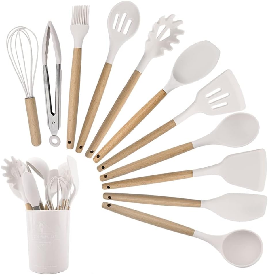 Strehknewen Lot de 12 Ustensiles de cuisine en silicone, résistants à la chaleur, antiadhésifs, passent au lave-vaisselle, ergonomiques, adaptés à un usage alimentaire, avec seau de stockage