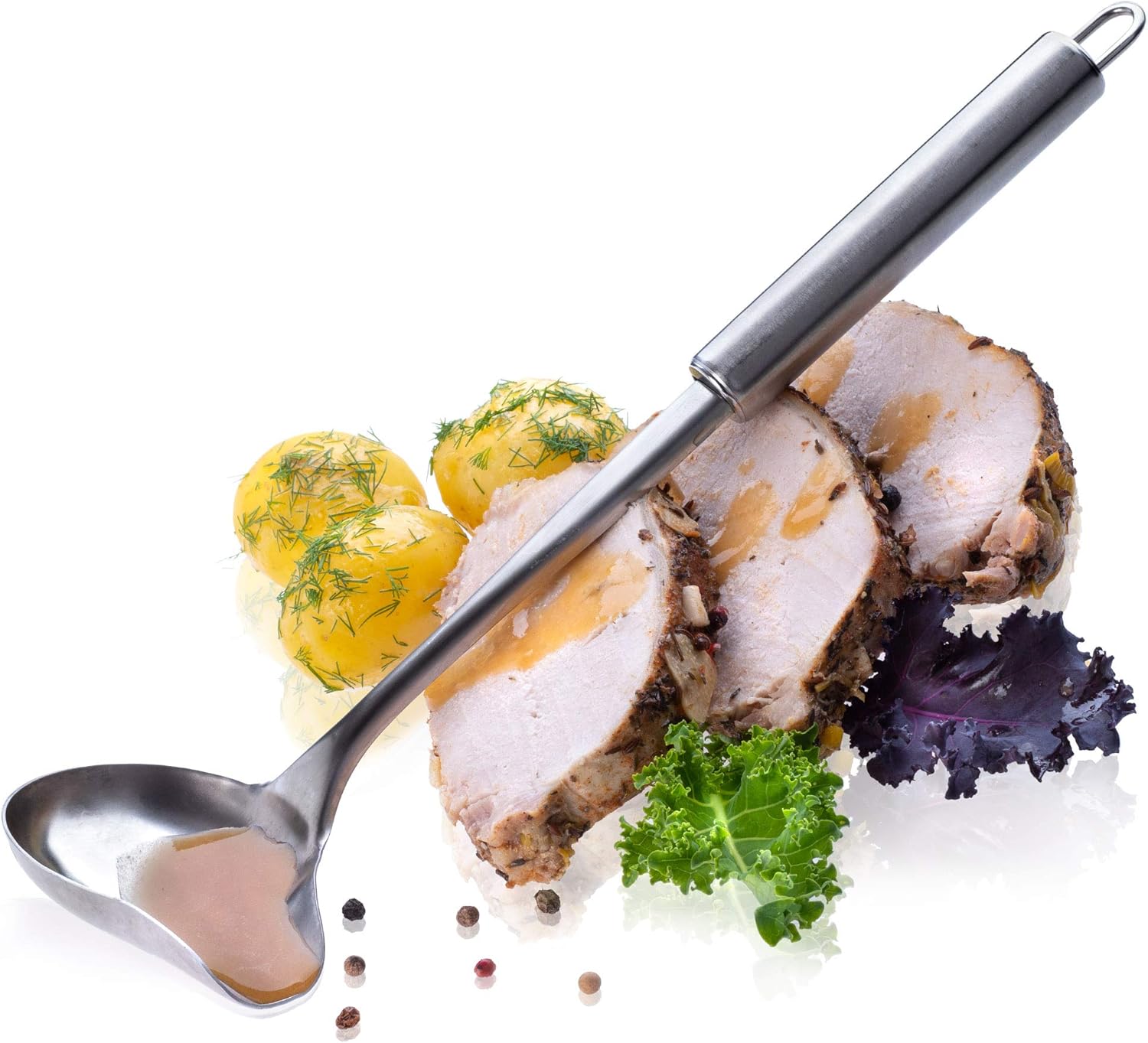 Louche KADAX, cuillère à sauce en acier inoxydable, cuillère à sauce avec manche long, louche, cuillère verseuse, cuillère de service avec crochet ovale, argent, va au lave-vaisselle