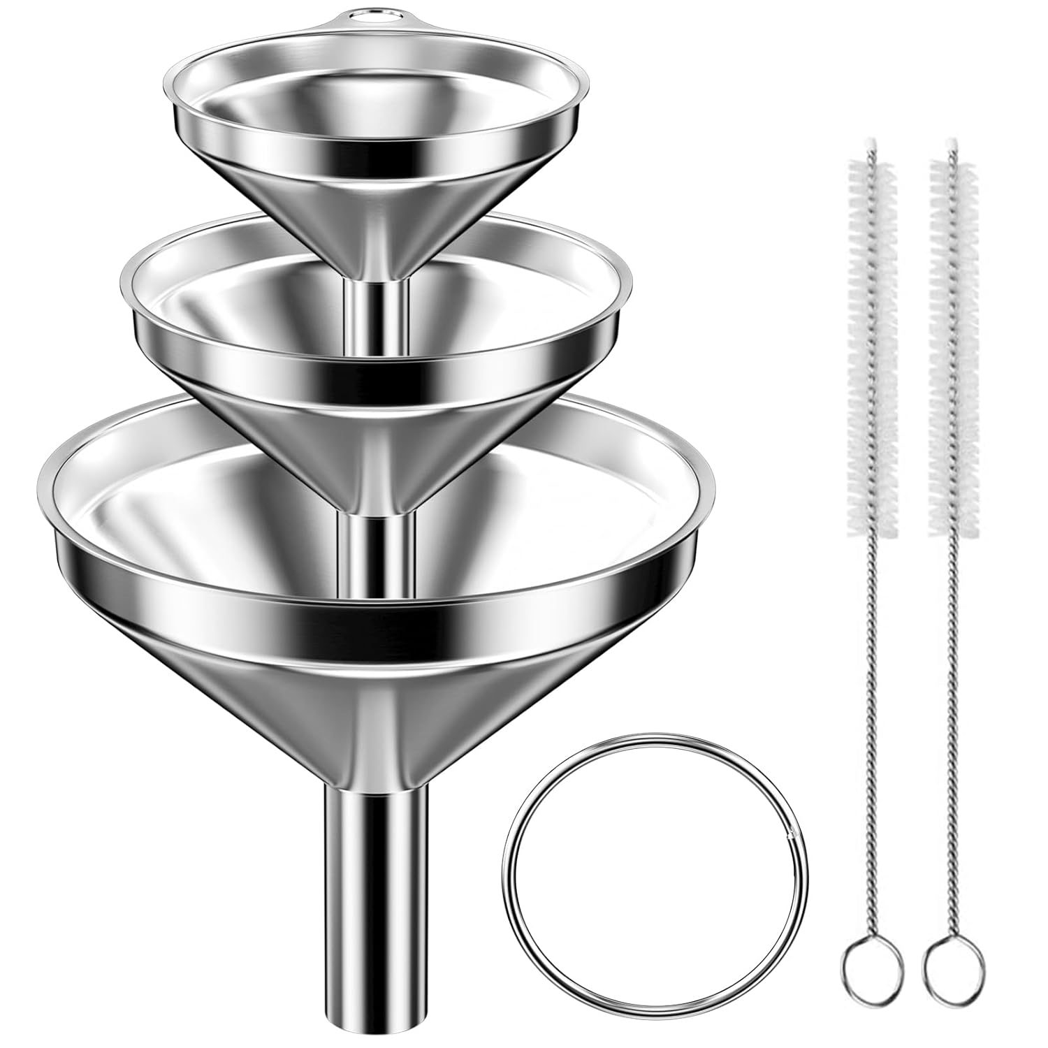 Newpop 3 Stück Entonnoir de Cuisine en Acier Inoxydable, Ensemble d'entonnoirs avec 2 Brosse, Entonnoir Métallique Diamètre 4.5/5.5/7.5cm pour Transfert Liquide, Alimentaire, Vin, Confiture Argent