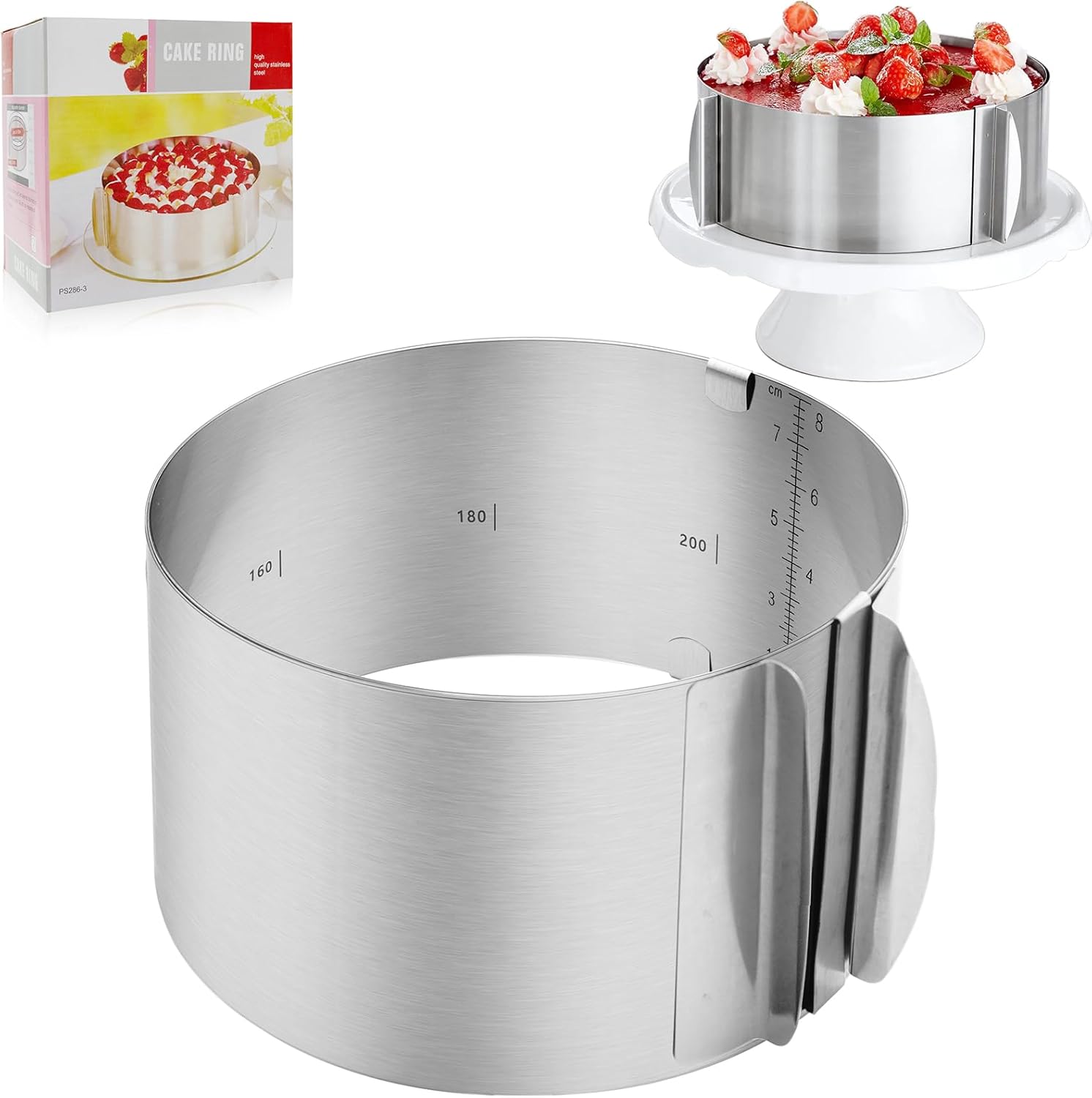 Cercle à Pâtisserie Réglable,Anneau à Gâteau Réglable Ø16-30 cm,Anneaux à Gâteau Extensibles en Acier Inoxydable,Accessoires de Pâtisserie avec Graduation,pour la Cuisson et la (Hauteur:8 cm)