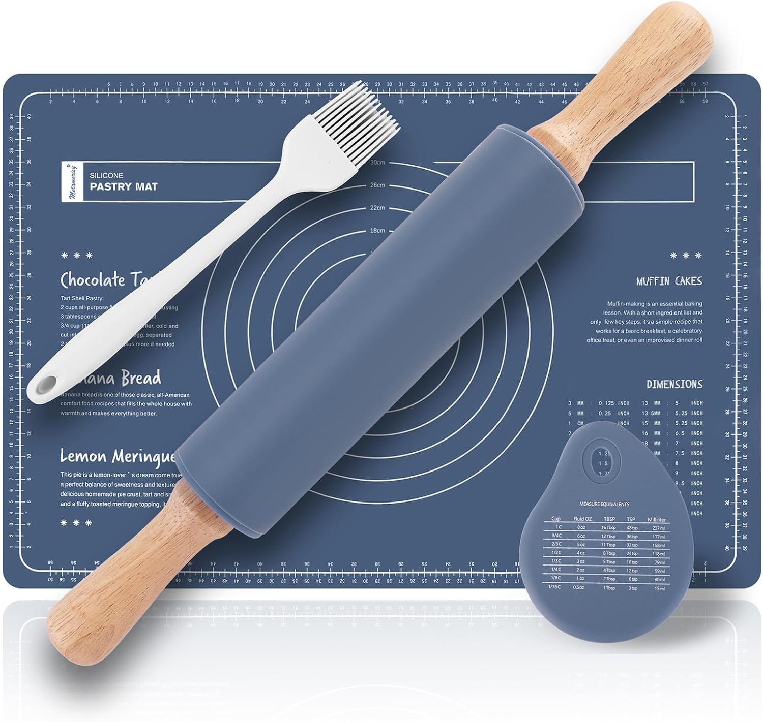 Ensemble de rouleau à pâtisserie et tapis à pâtisserie, rouleau à pâtisserie en bois (38 cm) +tapis silicone(60 x 40 cm)+corne patisserie+pinceau cuisine,rouleau patisserie silicone（bleu）