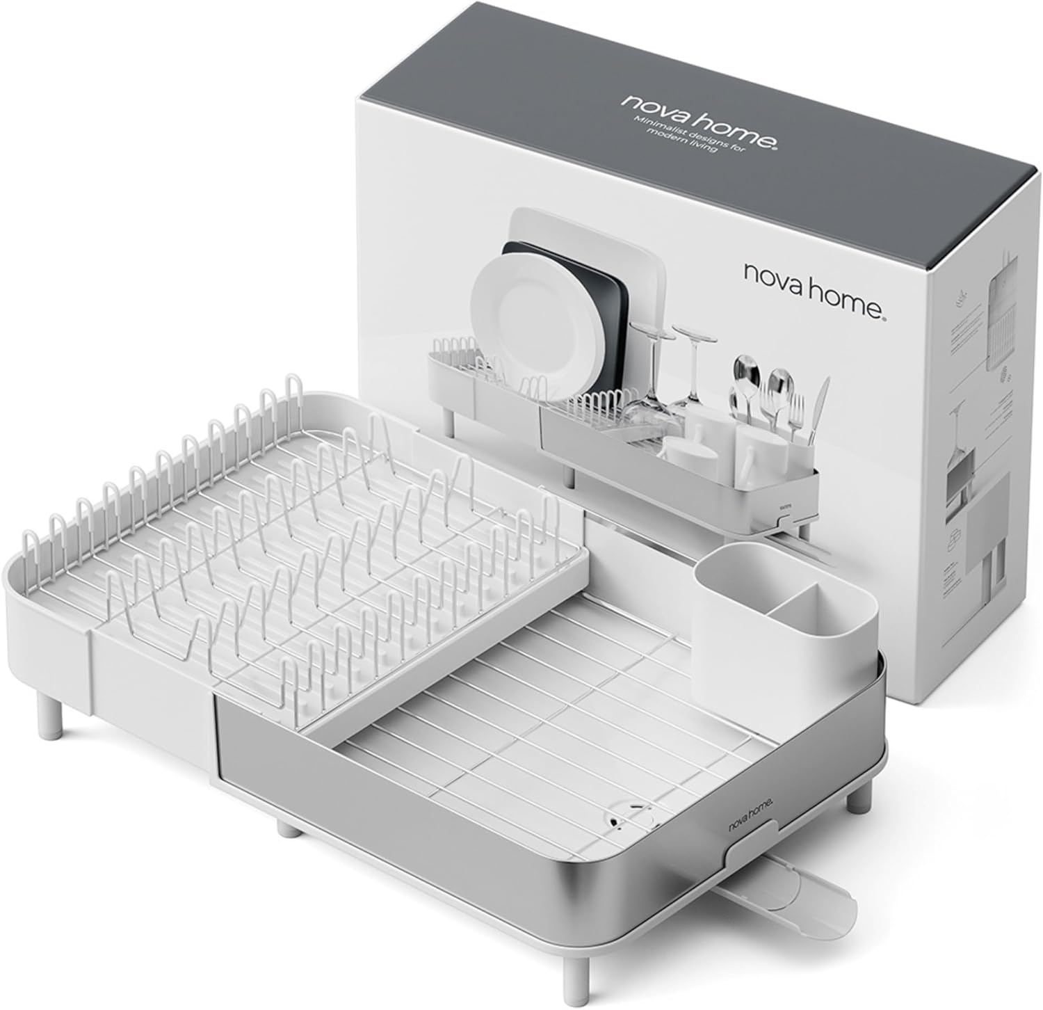 Égouttoir à Vaisselle Extensible Blanc - Égouttage Efficace au Design Moderne et Minimaliste - Acier Inoxydable Anti-Traces avec Bec de vidange orientable et Pieds Stables en Caoutchouc